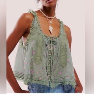Free People Forevermore Boho Lace-Trim Sleeveless Top in Sage Green XS